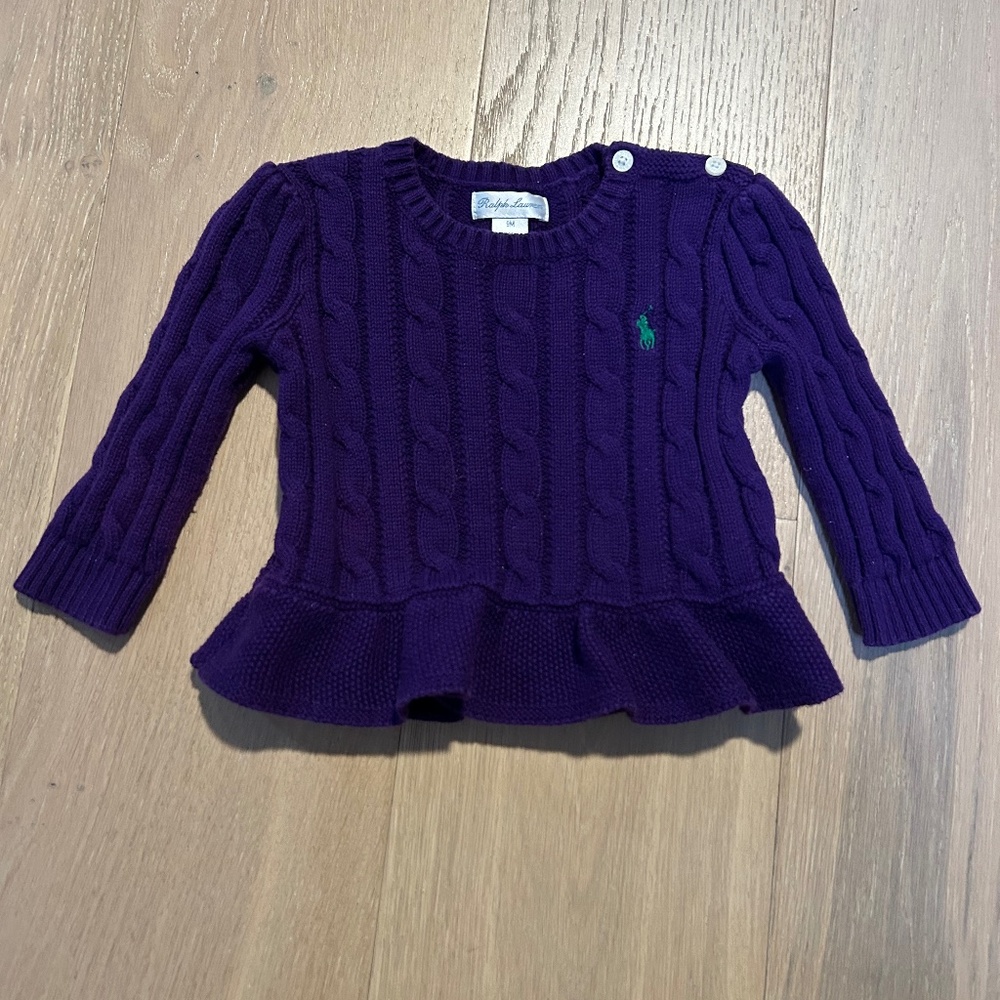 Ralph Lauren Purple Cable Knit Cotton Peplum Sweater for Babies Size 9M Preppy!